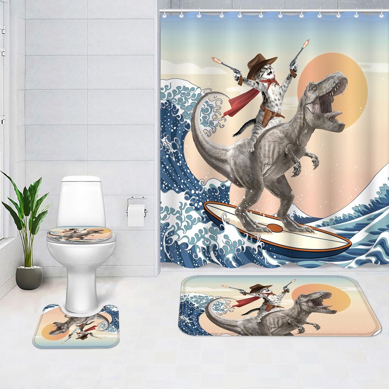 Yeoiat 4 Pcs Dinosaur Cat Shower Curtain Sets Funny Shower
