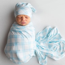 SINCERELY COZY Luxury Rayon from Bamboo Hat & Baby Swaddle for Newborns 0-3 Months, Baby Blue Plaid Newborn Swaddle Blanket for Baby Boys & Girls, Hypoallergenic, Breathable & Buttery Soft