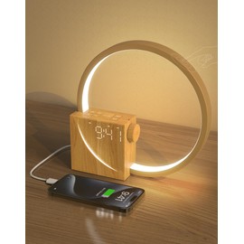 Sunrise Alarm Clock with Bedside Table Lamp, Wake-Up Light & Dual Alarm for Heavy Sleepers, Wood Grain Digital Clock with 3-Level Brightness, 10 Soothing Sounds, Snooze, USB Charging