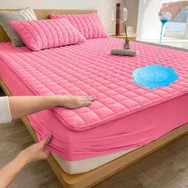 Solid Color Plaid Design Mattress Cover, 1 Count Waterproof Mattress Cover Or 2 Counts Pillowcase without Filler, Soft Mattress Protector for Bedroom, Christmas Decor, Fall Decor, Christmas Gifts, Christmas Decorations - Color: Coral Pink, Size: US-Queen
