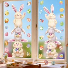 Easter Window Clings, 12"x35", 2-Pack Large Bunny & Egg Static Stickers, Extra Wide Spring Decals with Bonus Colorful Egg Stickers for Glass Door Home