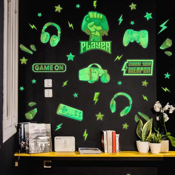 36Pcs Game Glow in the Dark Stickers,Video Game Wall Stickers,Controller Wall Decals,Gamer Wall Stickers xbox,Removable Video Game Wall Mural for Boys Bedroom Men Kids Playroom Gaming Room Decorations