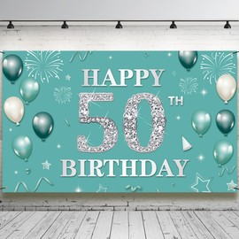 50th Birthday Decoration Backdrop Banner, Teal Silver Happy 50th Birthday Decorations for Women, Turquoise 50 Year Old Birthday Party Photo Booth Props Supplies for Outdoor Indoor, Fabric Vicycaty