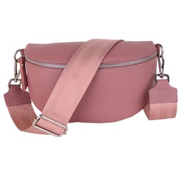 MIRROSI® Women's Bum Bag, Genuine Leather, Made in Italy, Shoulder Bag, Chest Bag, Crossbody Bag (1 Bag & 2 Straps), Dusky pink (plain), Bohemian