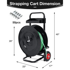 Strapping Dispenser, Strapping Cart, Heavy Duty Banding Cart Equipped with Anti-Retreat Pulleys with 50 Packing Buckle Free, Dispenser for PET Strapping Roll/PP Strapping Roll Coil, Black