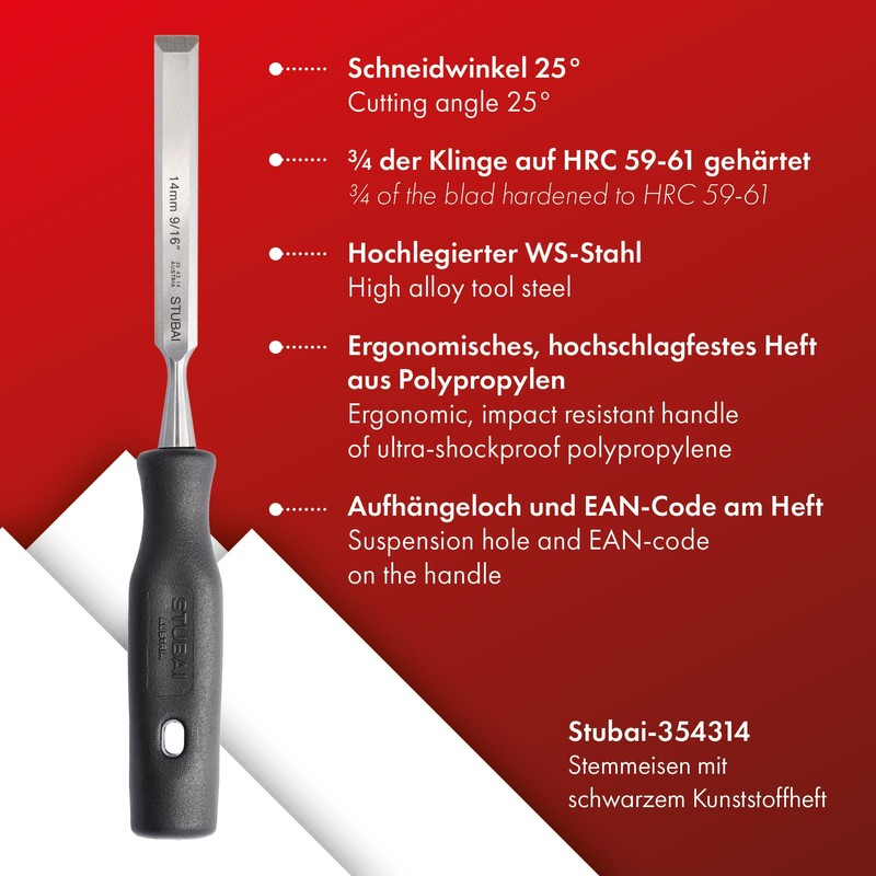 Stubai 354314 14 mm Wood Chisel with Black Polypropylene Handle