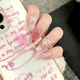 Kitty-Z272 Handmade Kitty Nail Tip, Oval, Medium, Long, False Nails, Rhinestones, False Nails, Popular, Cute, Simple, Fashion, 24 Pieces, Japanese Style, Bride Nails, Glossy False Nails, Wedding Nail