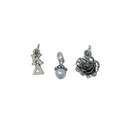 Sorority Greek Kappa Delta Essential Trio of Charms - lavaliere, rose mascot, white glass pearl dangle