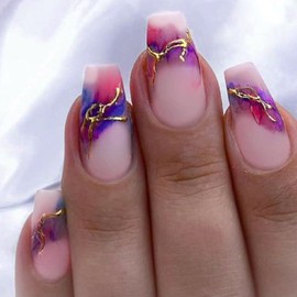 Coffin Press on Nails Medium Fake Nails Gold Foil Acrylic Nails Pink Full Cover Glue on Nails Matte Artificial Smudge Stick on Nails for Women 24 Pcs