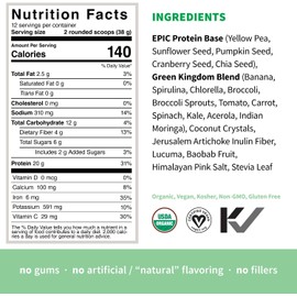 Sprout Living Epic Protein Powder, Green Kingdom Flavor, Organic Plant Protein, Gluten Free, No Additives, 20 Grams Clean Vegan Protein (1 pound,13 servings)
