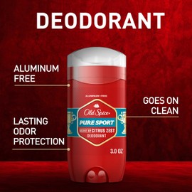 Old Spice Aluminum Free Deodorant for Men, 24/7 Odor Protection, 24/7 Freshness & Lasting Scent, Pure Sport with Citrus Zest Scent, 3.0 oz (Pack of 3)