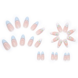 French Tip Press on Nails Almond Medium Fake Nails Flower False Nails Full Cover Glossy Acrylic Stick on Nails Nude Artificial Glue on Nails for Women Girls Manicure Nail Decoration 24pcs