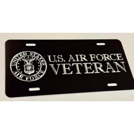 Bold Engraved US Air Force Veteran Aluminum Metal Black Diamond Etched License Plate Gift