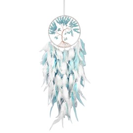 Ollanoos White and Blue Feather Dreamcatcher Wall Hanging, Crystal Tree of Life Dreamcatcher, Suitable for Bedrooms, Living Rooms, Hallways and Similar Spaces