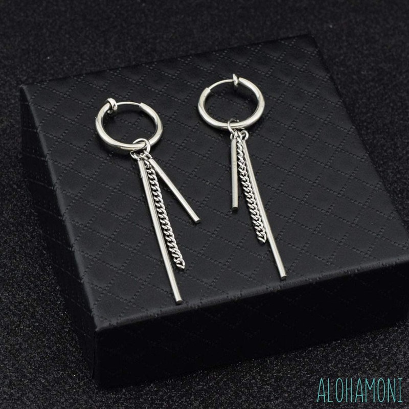 ALOHAMONI BTS Jungkook Hoop Earrings, Rods and Chains, 3-Chain Design,