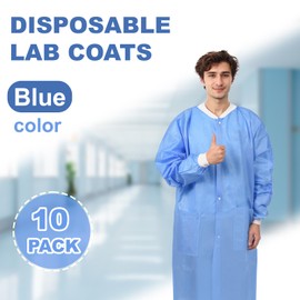 NIESUGA 10-50 Pack SMS Disposable Lab Coats for Adults, Blue, Knee-Length, 2 Pockets, 40 GSM Knit Cuffs & Collar, M-XXXLarge (10, Blue, XXL)
