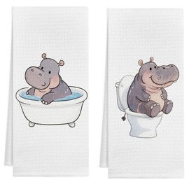 KAOWT Hippo Bathroom Hand Towels, Kids Bathroom Decor, Hippo Animal Lover Gifts, Funny Cute Hippopotamus Decorative Hand Towels for Washroom Restroom Decor, 16x24 Inch Set of 2