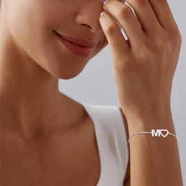 PHNIBIRD Women's Bracelet with Letters Silver Heart Bracelet Valentine's Day Christmas Birthday Jewellery Gift for Women Mum Wife, Sterling Silver, Cubic Zirconia