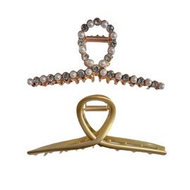 DOBIHMAX 2 Pack Large Metal Hair Claw Clips with Pearls 4.3 Inch - Gold Hair Clips For Women, Thick Hair Styling, Strong Hold Hair, Fashion Hair Accessories For Women (Set 4)