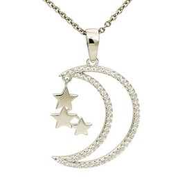 925 Sterling Silver Cubic Zirconia CZ Crescent Moon & Star Pendant & Chain Necklace - Chain length 18