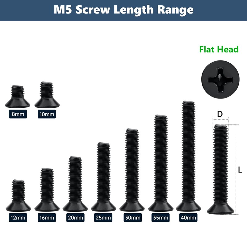 50 Pcs M5-0.8 x 30mm Black Flat Head Machine Screws,