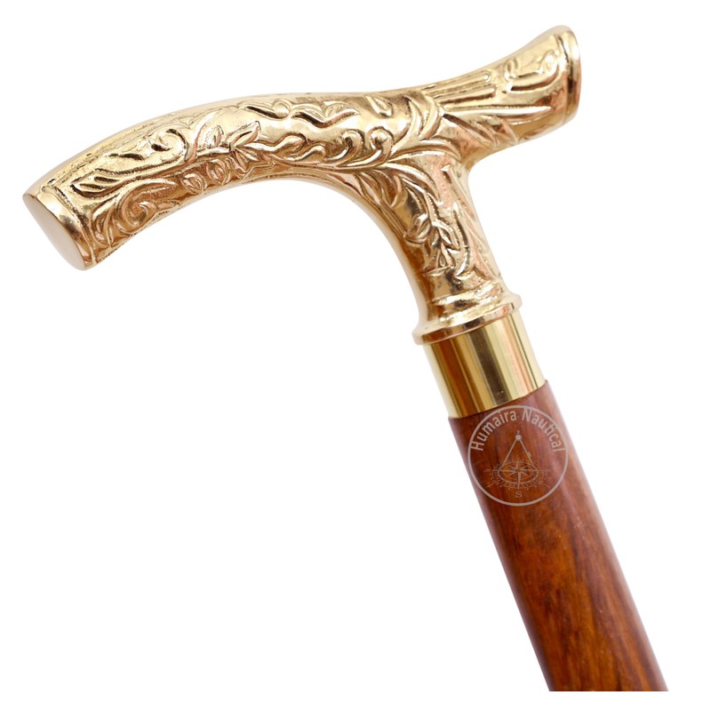 Vintage Brass Walking Stick – Handmade Wooden Cane with Solid