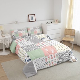 Deer Antlers Silhouette Comforter Set Twin Size,Wild Animals Bedding Set 2pcs for Kids Teens Adults Room Decor, Geometric Arrow Lattice Quilt Set Pink Natural Duvet Insert with 1 Pillowcase