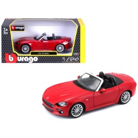 DCD Bburago 1/24 Diecast Model Fiat 124 Spider Coupe in Red Sport Metal Car with Functional Wheels