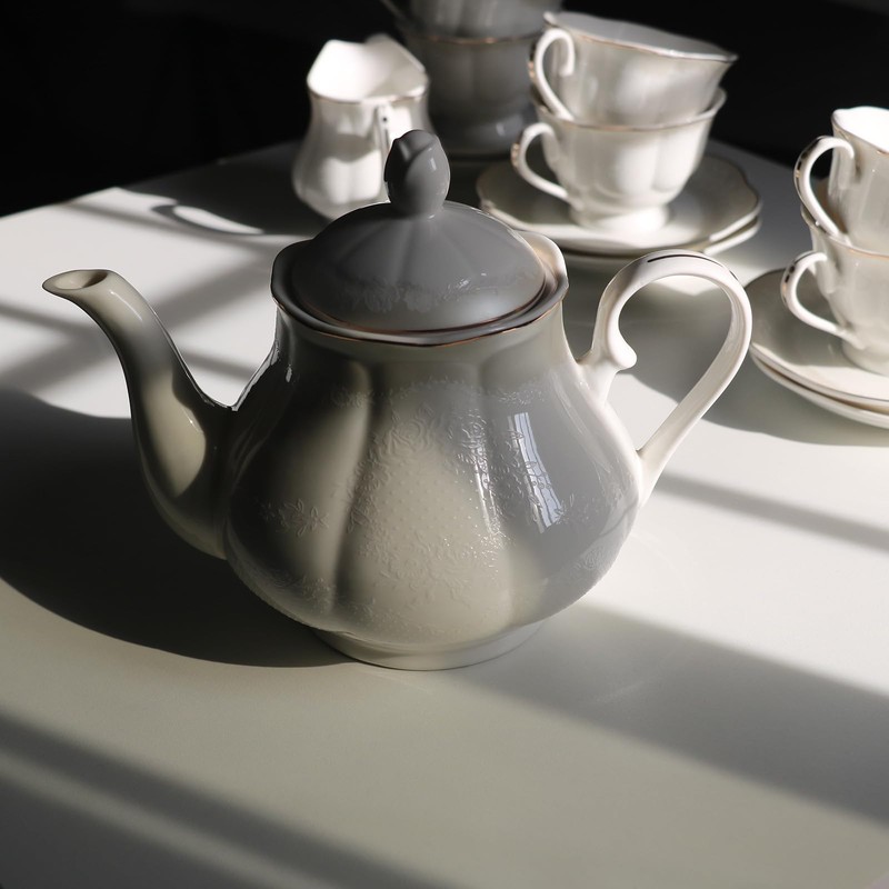 GuangYang 15-pcs Porcelain Tea sets for Adults, Off White Embossed