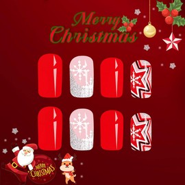 RUOKEXIN Christmas Nail Press ons Medium Square Press on Nails Red Fake Nails Xmas False Nails with Snowflake Star Designs Silver Glitter French Tip Glue on Nails Cute Stick on Nails for Women 24Pcs