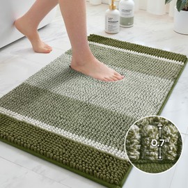 HOMEIDEAS Bathroom Rugs and Mats Set, 2 Piece Thick Absorbent Fluffy Striped Chenille Bath Rugs, Non Slip, Soft Shaggy Bath Mats for Bathroom, Machine Washable (20" x 32" Plus 17" x 24", Sage Green)