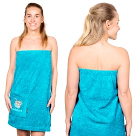 Lashuma Lillby Sauna Kilt Lady's Terry Towelling Sauna Towel Cotton Blue Aquamarine with Velcro Fastening and Elastic Band L - XXL