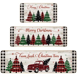 Hahafelt Christmas Kitchen Rugs Set of 3, Kitchen Mat Farmhouse Kitchen Rug Non Slip with Rubber Backing Anti Fatigue Floor Mat, 17" x 59"+17" x 47"+17" x 31" (Red, Green, Black,Geometric Pattern)
