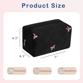 RSRSLEII Small Quilted Cotton Makeup Bag, Aesthetic Cosmetic Bag, Cute Floral Makeup Pouch, Kawaii Trendy Preppy Travel Toiletry Bag for Women and Girls (04 Black Bow)