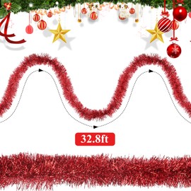 SHUYITT 32.8 Ft Red Christmas Tinsel Garland Metallic Shiny Tassle Banner Wall Hanging Tinsel Streamers Backdrop for Christmas Holiday Birthday Party Supplies Indoor Outdoor Ornaments Home Decor