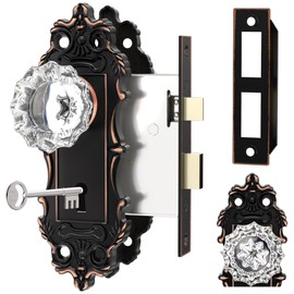 CEYMIO Antique Door Knobs Interior Mortise Lock Brass Door Knob Skeleton Key Crystal Glass Door Handle Vintage Oil Rubbed Bronze Door Locks for Bedrooms Bathroom