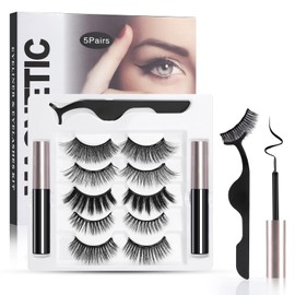 Emanya Magnetic Eyelashes, 5 Pairs Faux Mink Magnetic Lashes with Eyeliner Kit,Natural Look Fake Eyelashes 3D Glue-free Reusable False Eyelashes Extension Sets Pack with Eyelash Curler