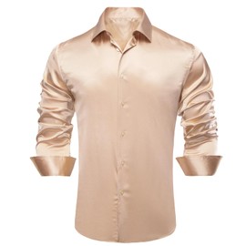 Hi-Tie Men Satin Champagne Dress Shirts Formal Long Sleeve Shirts for Men Button Down Regular Fit Party Wedding