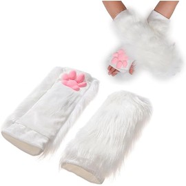 SIROLISA Furry Cat Paw Mittens Gloves for Women Soft 3D Toes Beans Fingerless Cat Claw Paws Pad Sleeve