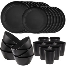 LIYH 48pcs Black Wheat Straw Dinnerware, Plates and Bowls Set, Camping Dish Set for 12, Plastic Dinnerware Set, Dishwasher Safe Dinnerware Set,Unbreakable Plastic,Camper Dish Sets