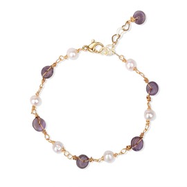 14K Gold Plated Amethyst & Pearls Bracelet for Women, Natural Amethyst Gold Charm Bracelet Dainty Pearls Amethyst Jewelry for Women Girls Teen (Amethyst&Pearl)