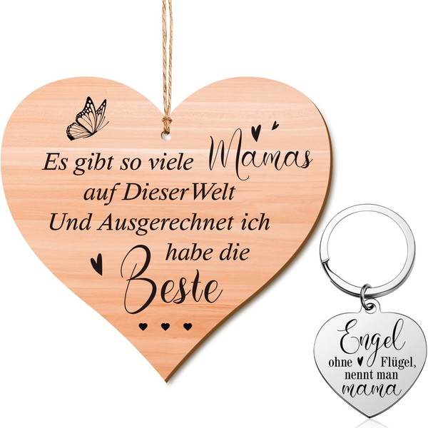 Mum Gift Set Including Best Mum in the World Wooden Sign with Organza Bag and Angel without Wings Keyring in Heart Shape Gift Ideas for Mother's Day Christmas Birthday