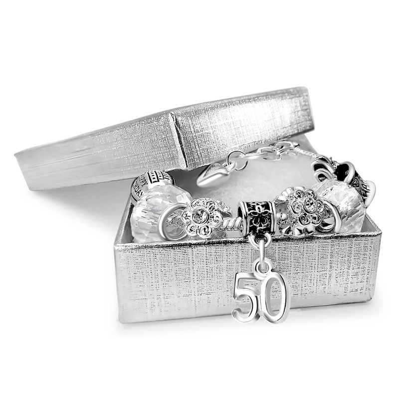 Womens 50th Birthday Sparkly Crystal Charm Bracelet with Silver Gift
