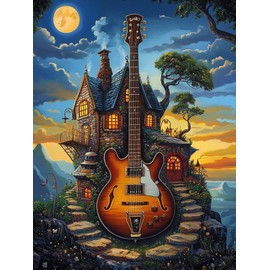Yomiie 5D Diamond Art Kits for Adults, Guitar House Diamond Painting Art Landscape DIY Full Round Drill Kits, Embroidery Rhinestone Diamond Crystal Craft Canvas Home Wall Decor 12x16 inch
