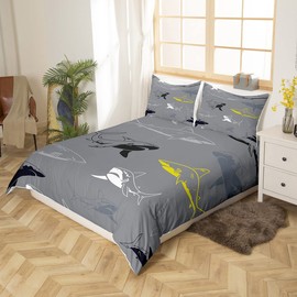 Shark Bedding Set Cartoon Shark Duvet Cover for Kids Boys Girls Shark Illustration Comforter Cover Animal Bedspread Cover Grey Duvet Cover Single Size
