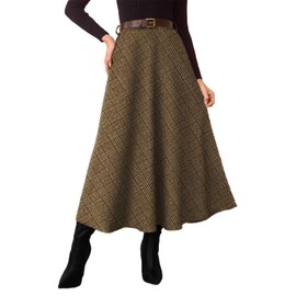 Pink Queen High Waisted A Line Skirts for Womens with Pockets Midi Length Plaid Elegant Work Dress Long Wool Tartan Flowy Fall Skirts 2025 Winter Going Out Outfits for Women Coffee M