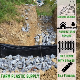 Farm Plastic Supply - Silt Fence - Black Silt Fence, Black Silt Fence Fabric Rolls, Silt Fence, Stakes Included, Silt Fence, Silt Fence 3' x 100'