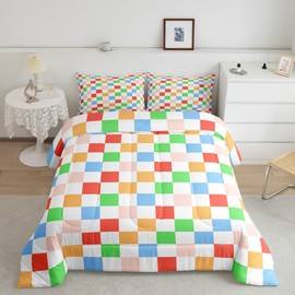 Geometric Plaids Patchwork Kids Comforter Set Twin Size,Abstract Checkerboard Artwork Bedding Set,Boys Girls Room Decor,Checkered Latticed Chic Down Comforter,Colorful Duvet Insert,1 Pillowcase