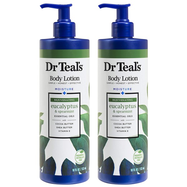 Dr. Teal's Body Lotion - Moisture Plus - Rejuvenating Eucalyptus & Spearmint Essential Oils, 18 Fl Oz 2-Pack (36 Fl Oz)
