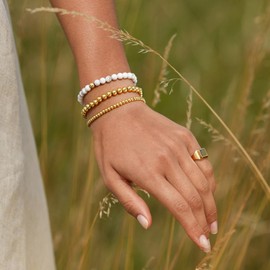 HOBT Gold bracelets for women Gold Beaded Bracelet Strand Bead Ball Bracelet Sets Lava Rock Stretchy Stackable Bracelet 18K Gold Plated Gold Bracelet for Women Gifts